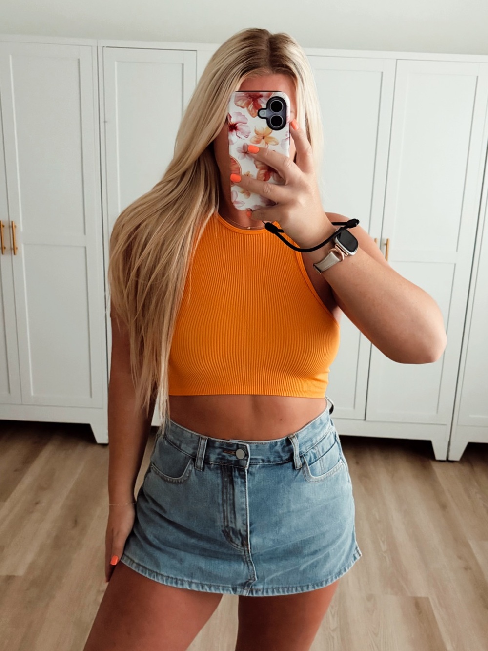 Orange high neck ribbed cropped top